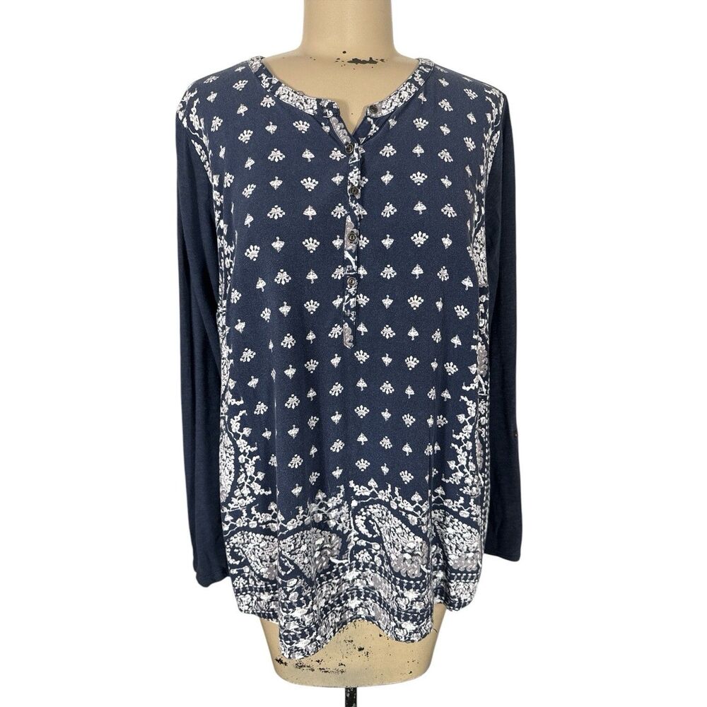 LUCKY BRAND Navy Blue Paisley Tunic Blouse Split Back Women’s Plus Sz 1
